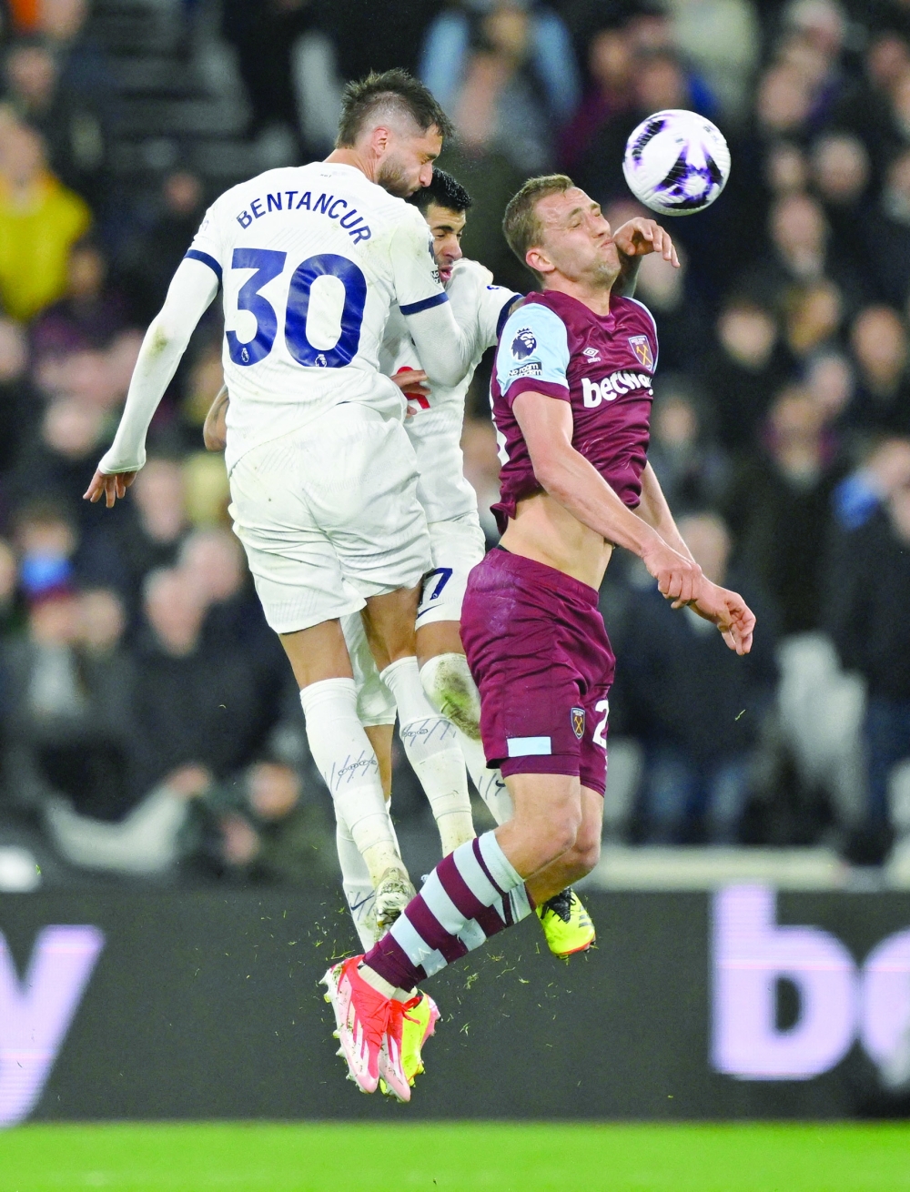 Tottenham Hotspur's Rodrigo Bentancur in action with West Ham United's.