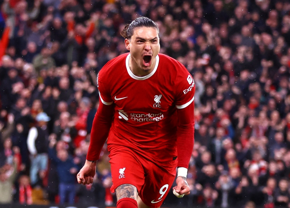 Soccer Football - Premier League - Liverpool v Sheffield United - Anfield, Liverpool, Britain - April 4, 2024 Liverpool's Darwin Nunez celebrates scoring their first goal REUTERS