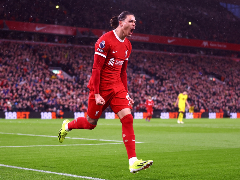 Soccer Football - Premier League - Liverpool v Sheffield United - Anfield, Liverpool, Britain - April 4, 2024 Liverpool's Darwin Nunez celebrates scoring their first goal REUTERS