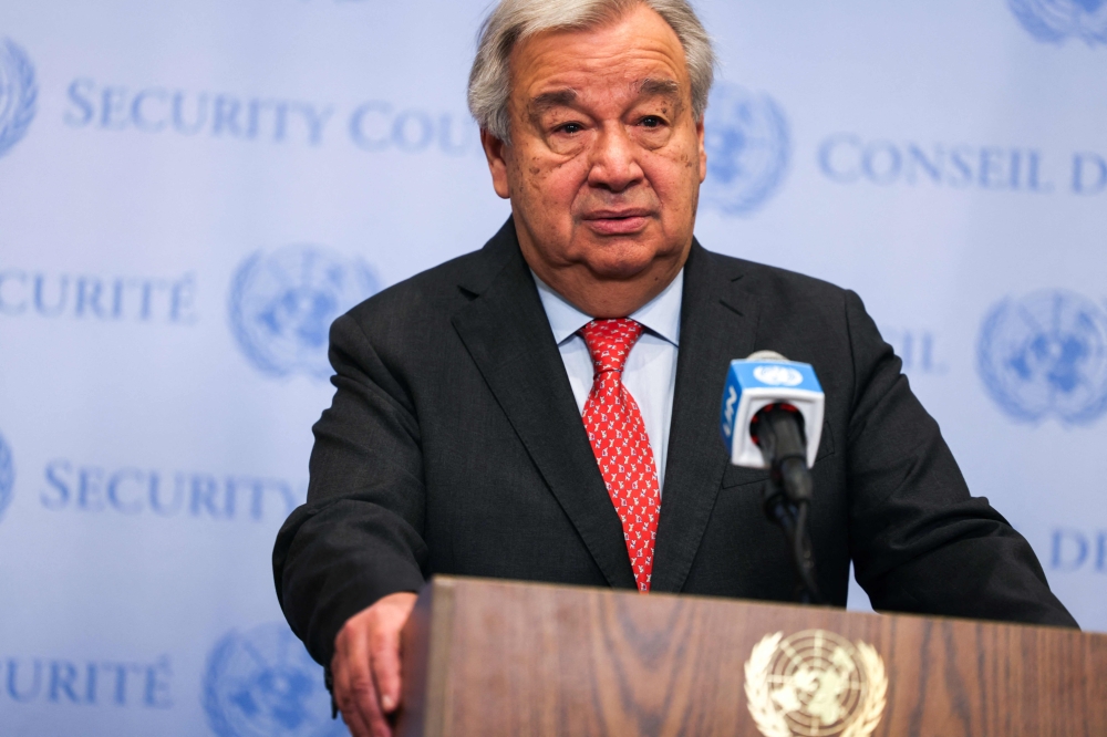 UN Secretary-General Antonio Guterres speaks to the press at UN headquarters in New York, ahead of the six-month mark since the October 7 Hamas attack on Israel. - AFP

