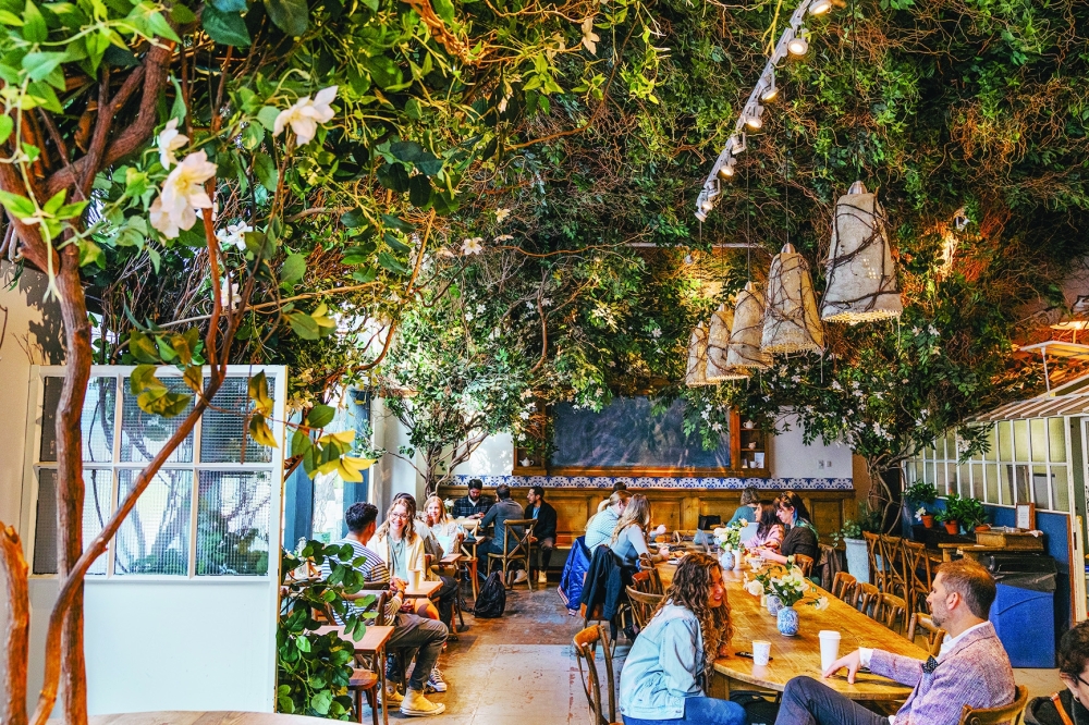 An elaborate faux flower installation above the dining room at an outpost of the French cafe chain Maman in New York on March 14, 2024. (Janice Chung/The New York Times)