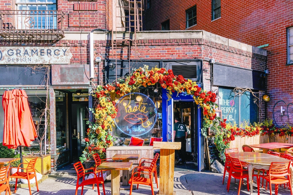 An elaborate faux flower installation outside Pasta by Hudson in New York’s West Village neighborhood on March 12, 2024.