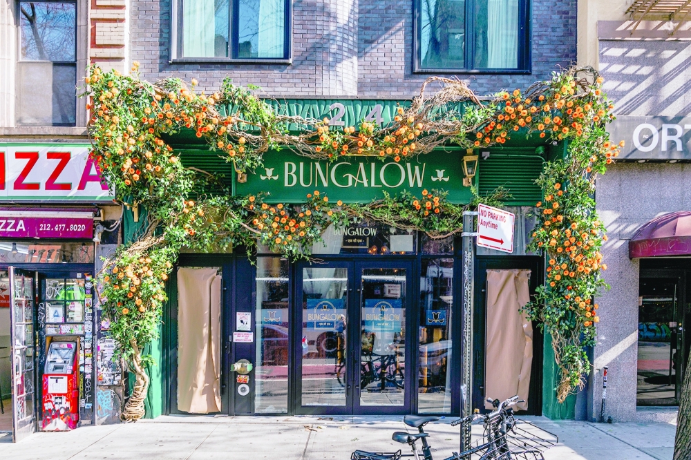 An elaborate faux flower installation outside Bungalow in New York’s SoHo neighborhood on March 12, 2024.