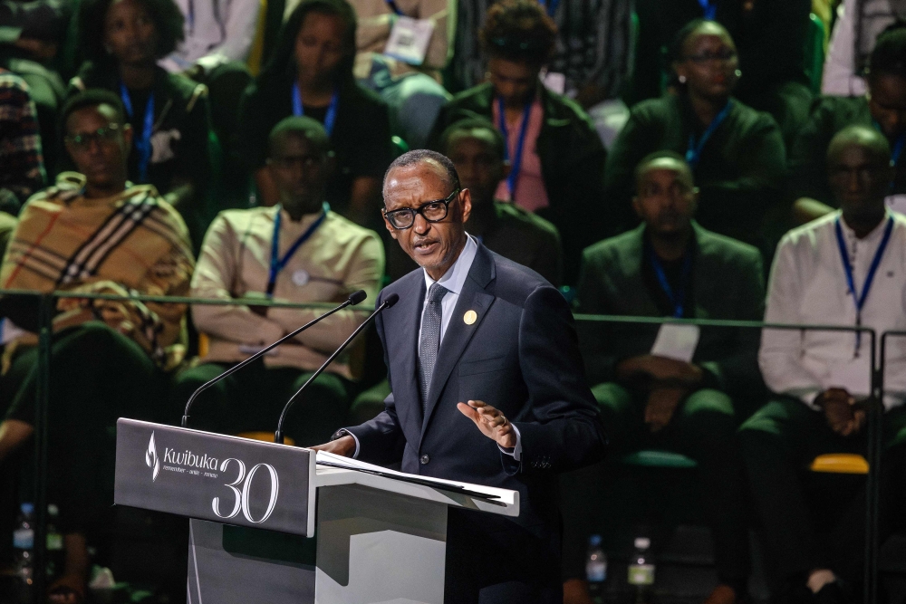 President of Rwanda Paul Kagame delivers his speech during the commemorations at the BK Arena in Kigali. — AFP 