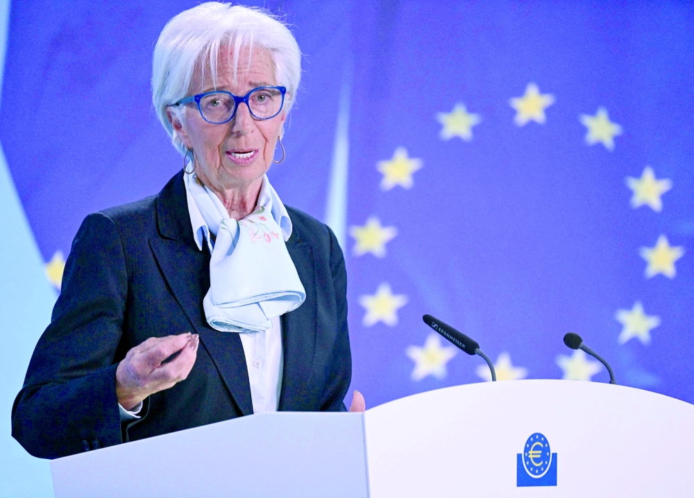 President of the European Central Bank (ECB) Christine Lagarde addresses a press conference following the meeting of the governing council of the ECB in Frankfurt on Thursday. — AFP