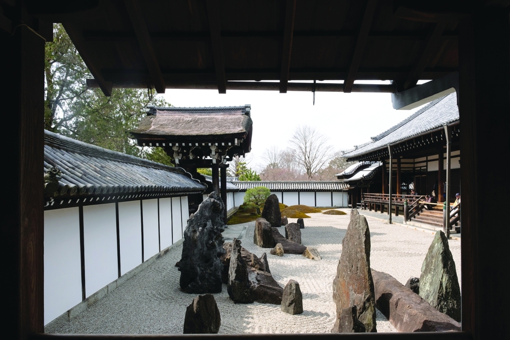A view of the southern garden at Tofuku-ji, which terminates at the far end with five mossy mounds like sacred mountains in the sea, in Kyoto, Japan, in February 2024. 