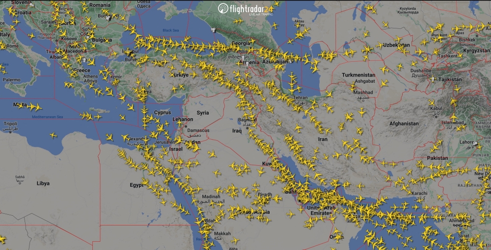 A graphical representation of air traffic shows airspace over Iran and the neighbouring Middle East