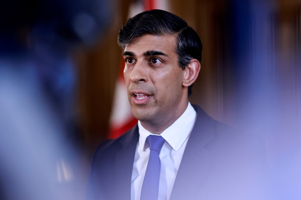 British Prime Minister Rishi Sunak records a statement on the Iranian attacks on Israel overnight, inside 10 Downing Street in central London, Britain, April 14, 2024. BENJAMIN CREMEL/Pool via REUTERS