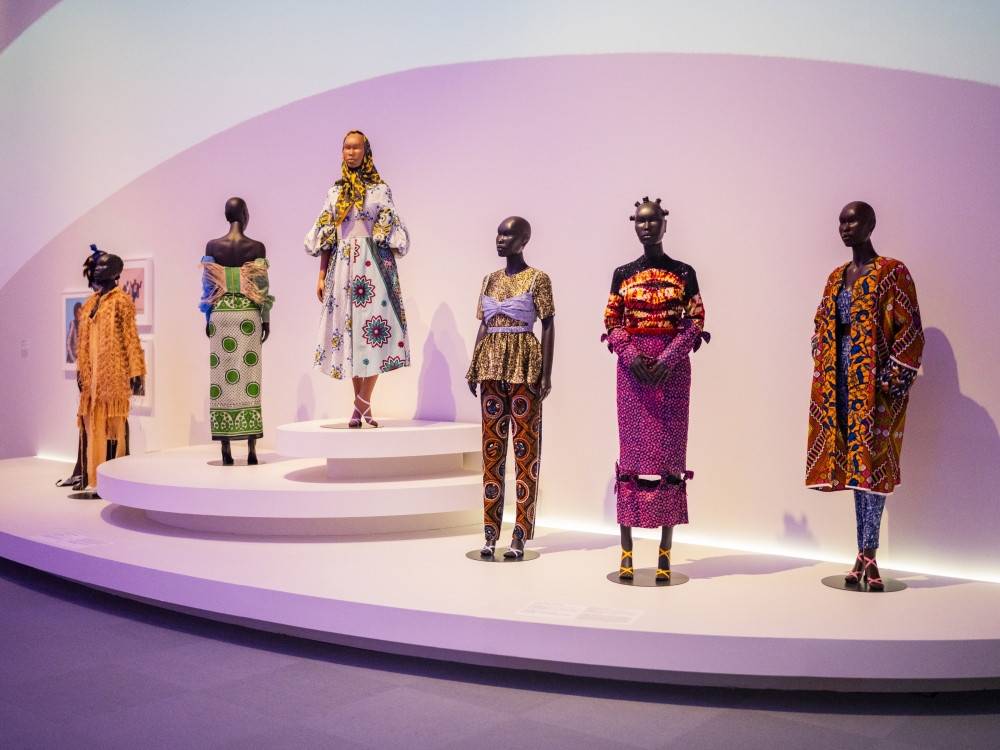 Garments on display in Africa Fashion, an exhibition at the Brooklyn Museum in New York, June 23, 2023. (Elias Williams/The New York Times)