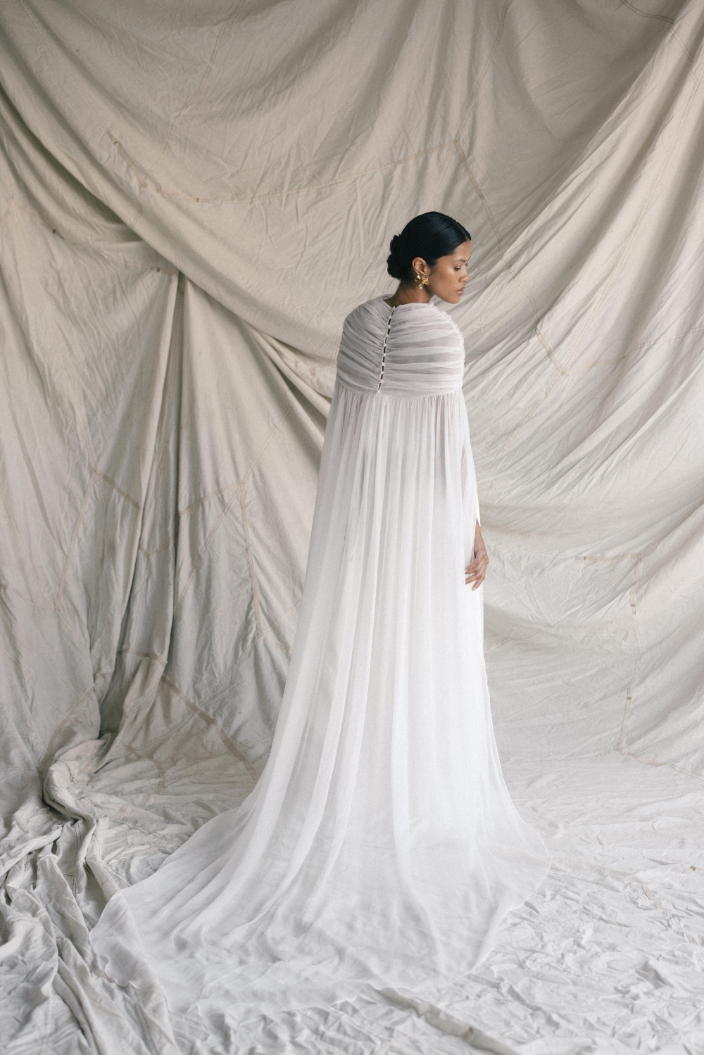 A wedding dress with ruched tulle. (Nordeen via The New York Times)