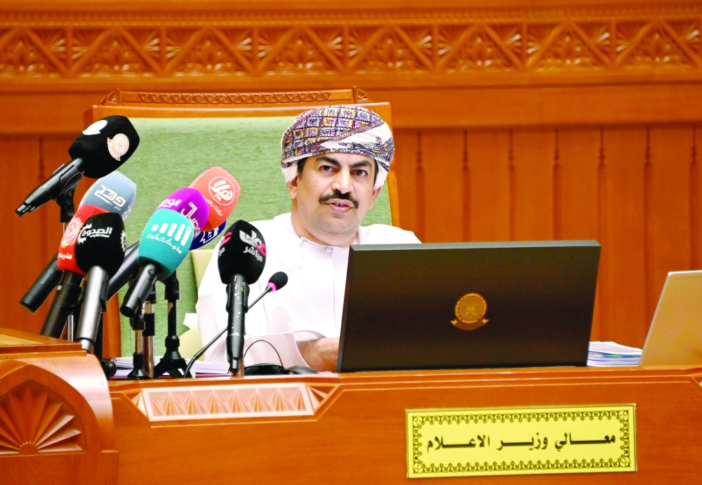Dr Abdullah bin Nasser al Harrasi, Minister of Information, giving the ministry’s statement.
