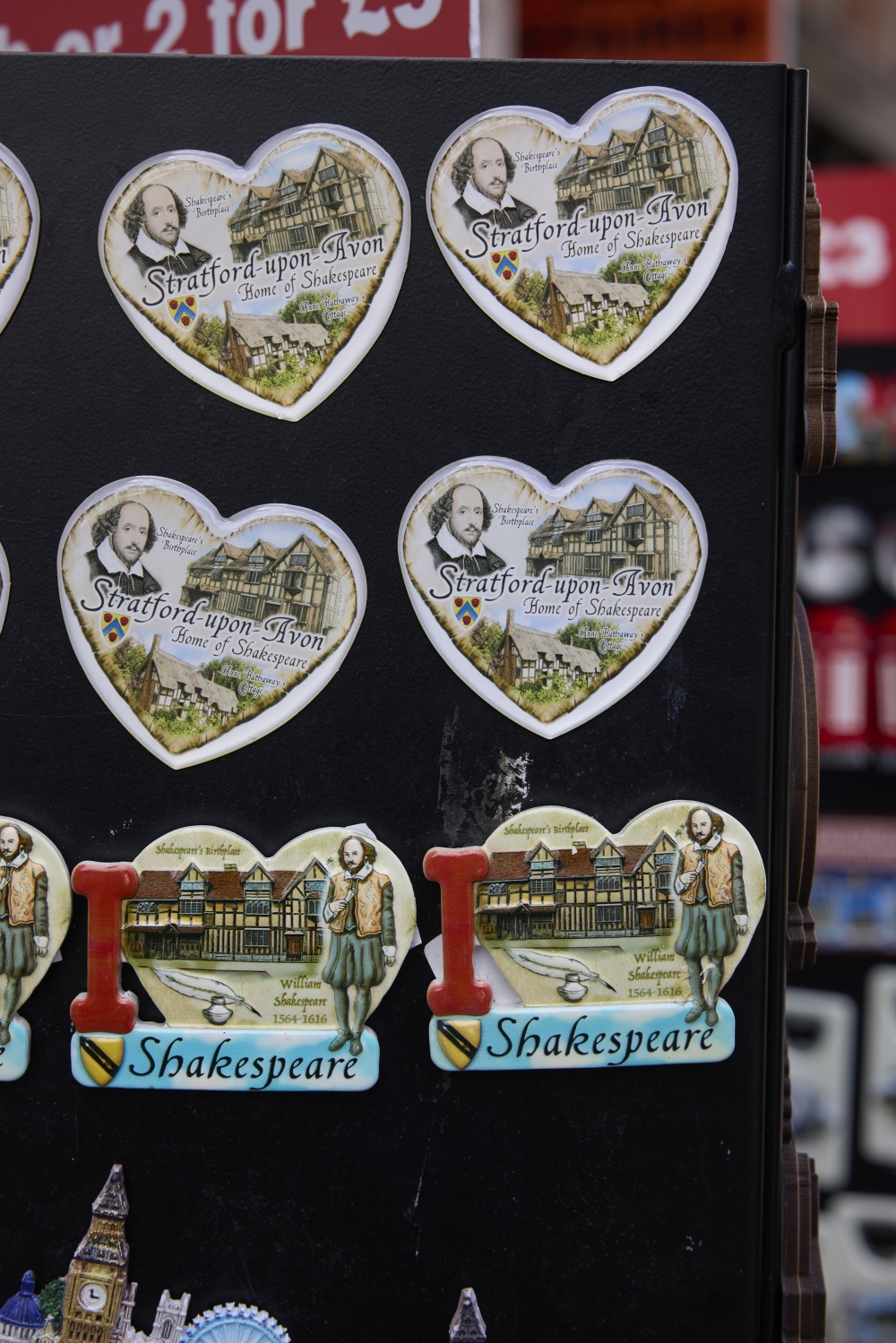 Refrigerator magnets featuring William Shakespeare for sale in Stratford-upon-Avon, England, in April 2024. (Andy Haslam/The New York Times)