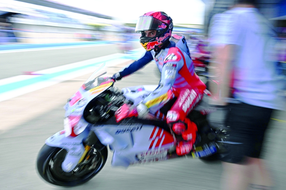 Ducati Spanish rider Marc Marquez leaves the box during a practice session of the MotoGP Spanish Grand Prix -- AFP