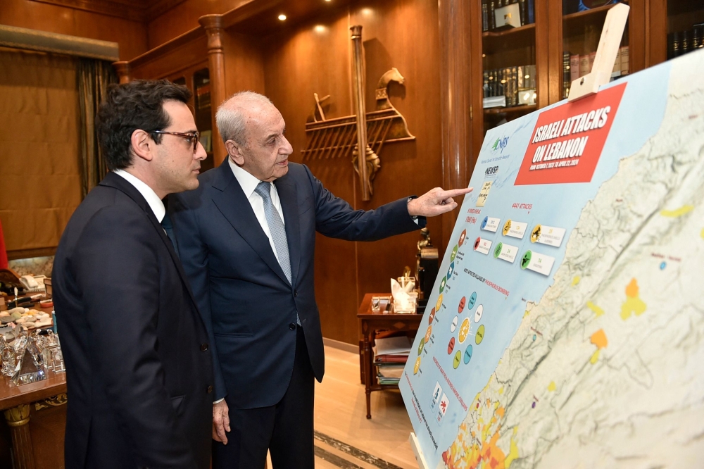 Lebanon Parliament Speaker Nabih Berri (R) speaks with France's Minister for Foreign and European Affairs Stephane Sejourne in Beirut. — AFP 