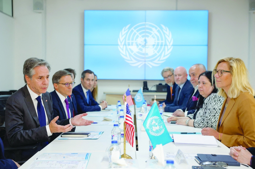 US Secretary of State Antony Blinken meets with UN Senior Humanitarian and Reconstruction Coordinator for Gaza Sigrid Kaag, at the Office for the Coordination of Humanitarian Affairs (OCHA) in Amman. — AFP 