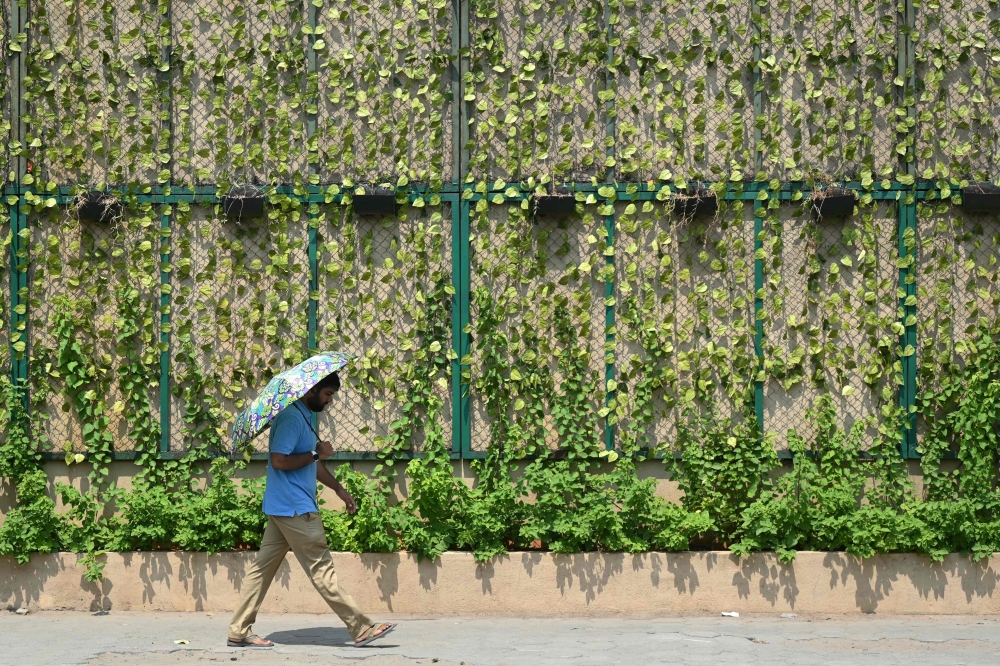 A man walking along a street shelters from the sun under an umbrella during a hot summer day in Chennai 