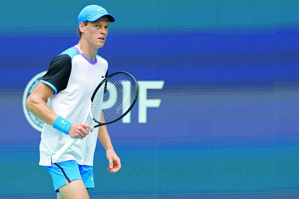 Jannik Sinner (ITA) reacts after winning a point against Daniil Medvedev (not pictured) in a men's singles semifinal of the Miami Open at Hard Rock Stadium.