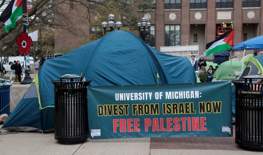 A coalition of University of Michigan students camp in the Diag to pressure the university to divest its endowment from companies that support Israel on the University of Michigan college campus in Ann Arbor, Michigan. - Reuters file photo