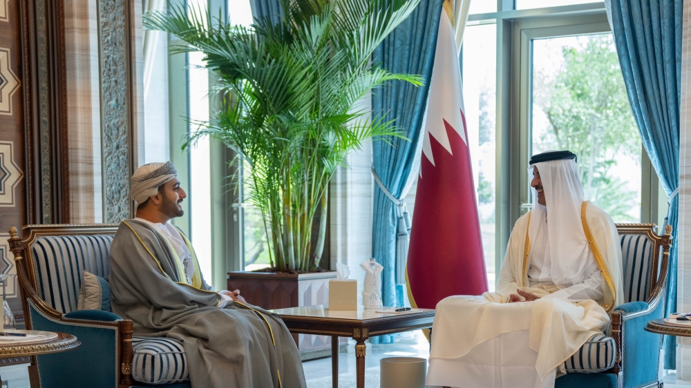 Shaikh Tamim bin Hamad Al Thani with HH Sayyid Theyazin bin Haitham al Said, Minister of Culture, Sports and Youth, at Lusail Palace in Doha on Thursday. — ONA