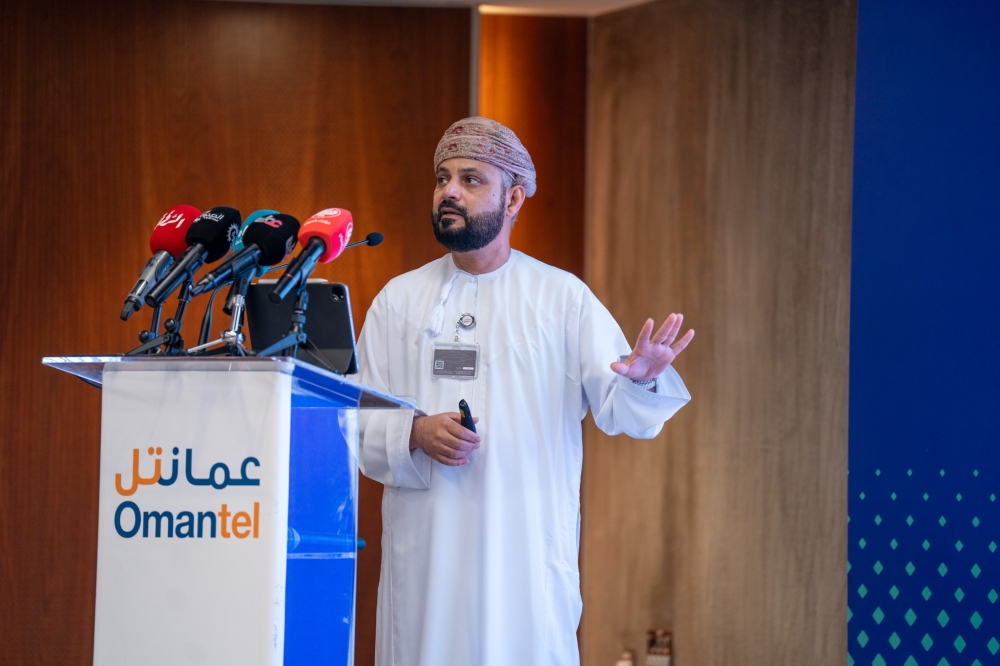 Omantel CEO Talal al Mamari addressing the media on Monday.