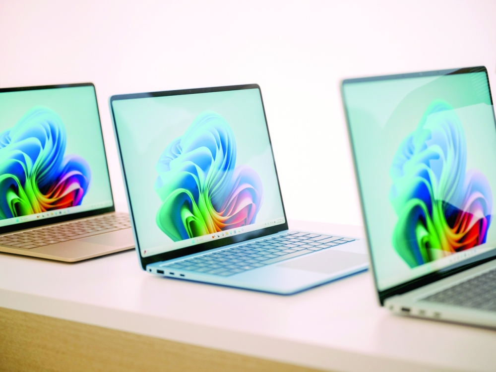 New artificial intelligence-powered Surface notebooks displayed following Microsoft’s briefing on upcoming plans and devices for AI in Redmond, Washington, on Monday. — NYT