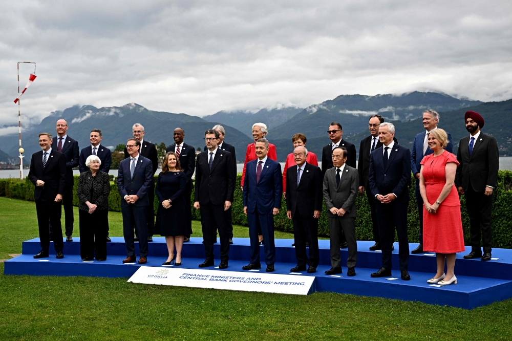 Finance Ministers and Central Bank Governors pose for a picture at the G7 Finance Ministers meeting in Stresa, Italy. — AFP 