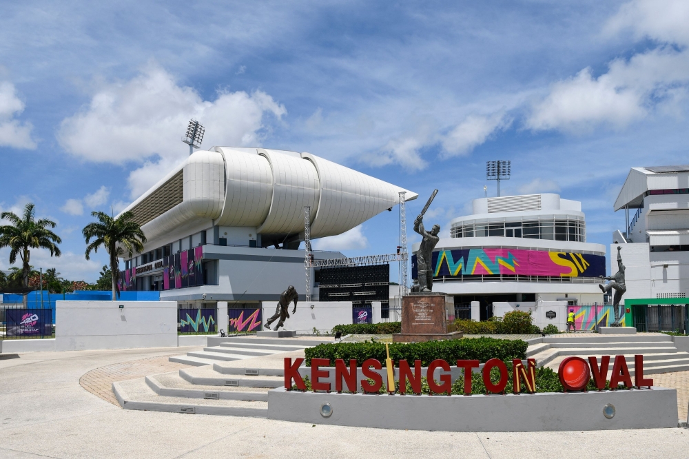 The statues of Sir Garfield Sobers (C), Sir Charles Griffith (L) and Sir Wesley Hall (R) ahead of ICC men's Twenty20 World Cup 2024 at Kensington Oval, Bridgetown, Barbados, on May 24, 2024. The ICC men's Twenty20 World Cup 2024 will be played in the United States and the Caribbean from June 1 to June 29. (Photo by Randy Brooks / AFP)

