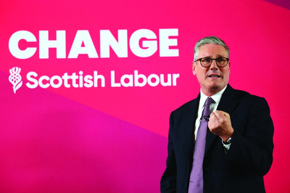 Britain's main opposition Labour Party leader Keir Starmer delivers a speech on Labour's energy policy, at the Greenock Arts Centre. — AFP