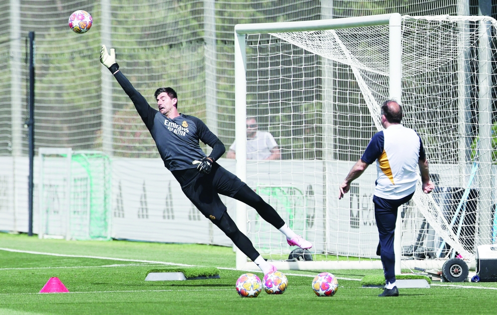 Real Madrid's Belgian goalkeeper Thibaut Courtois attends a training session at the Santiago Bernabeu stadium in Madrid on May 27, 2024 ahead of their Champions League final football match against Borussia Dortmund.
