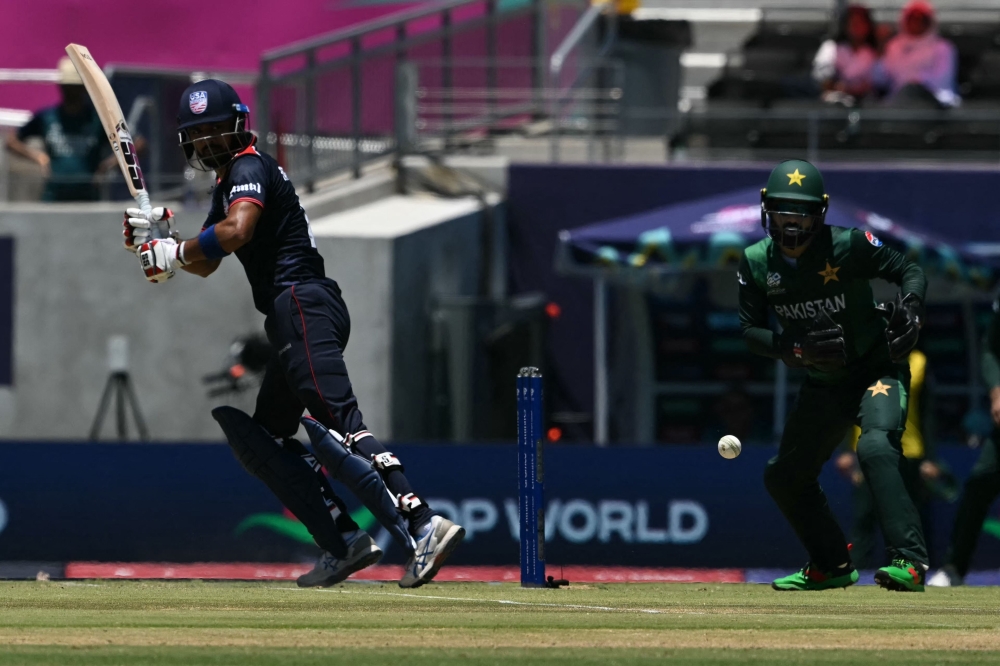 USA's Captain Monank Patel plays a shot during the ICC men's Twenty20 World Cup 2024 group A cricket match between the USA and Pakistan at the Grand Prairie Cricket Stadium in Grand Prairie