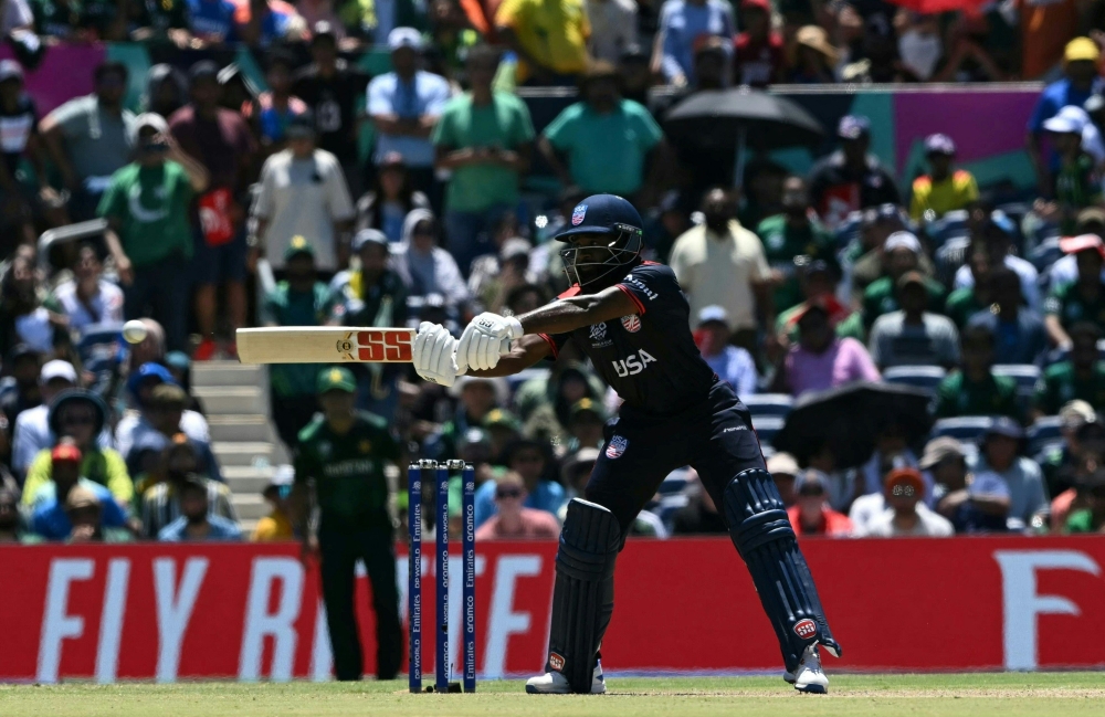 USA's Vice Captain Aaron Jones hits a 4 in a super over during the ICC men's Twenty20 World Cup 2024 group A cricket match between the USA and Pakistan at the Grand Prairie Cricket Stadium in Grand Prairie