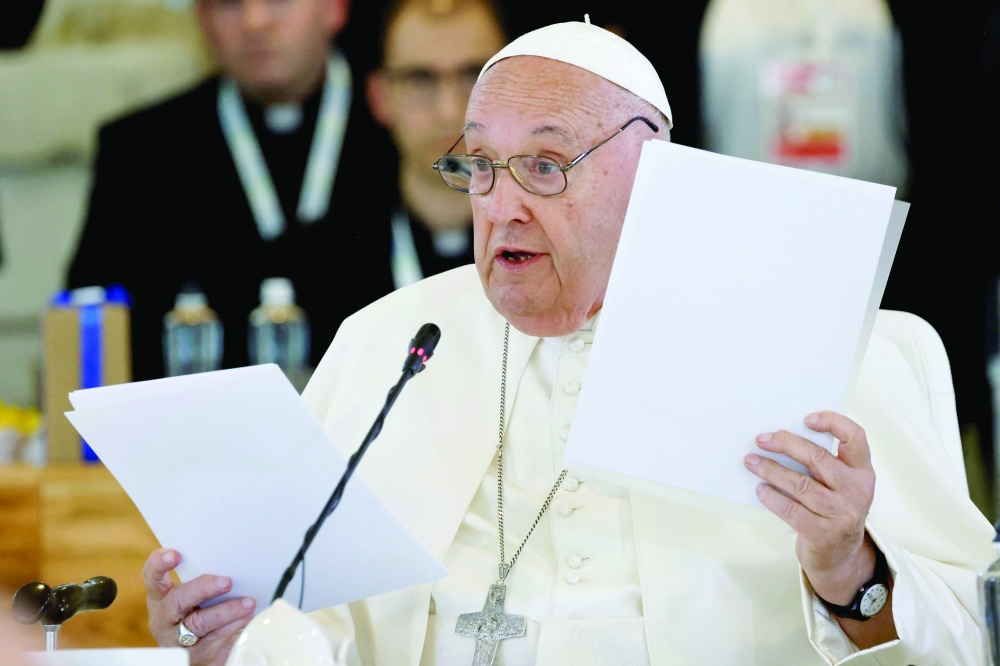 Pope Francis takes part in a working session on Artificial Intelligence (AI), Energy, Africa-Mediterranean at the Borgo Egnazia resort during the G7 Summit in Savelletri near Bari 