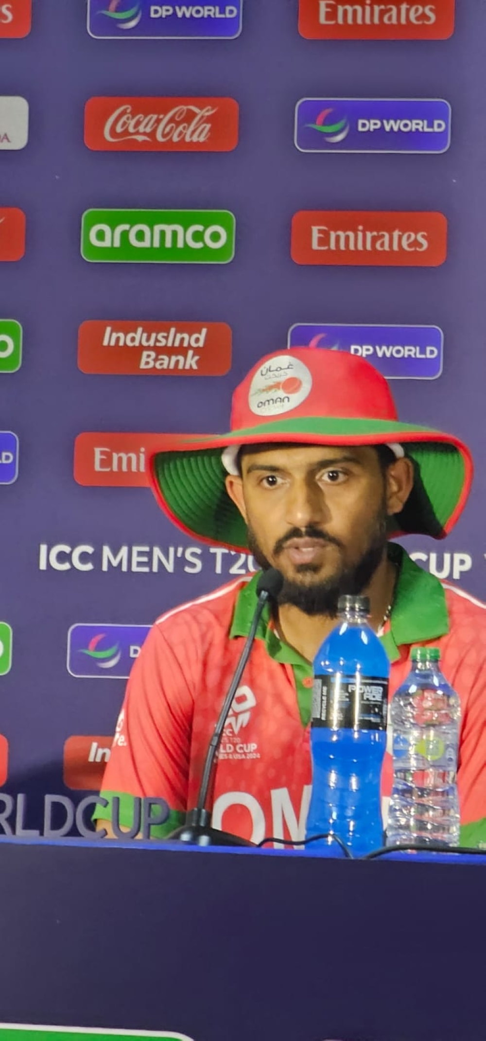 Oman skipper Aqib Ilyas at the post-match conference after the rout at the hands of England in Antigua on Thursday