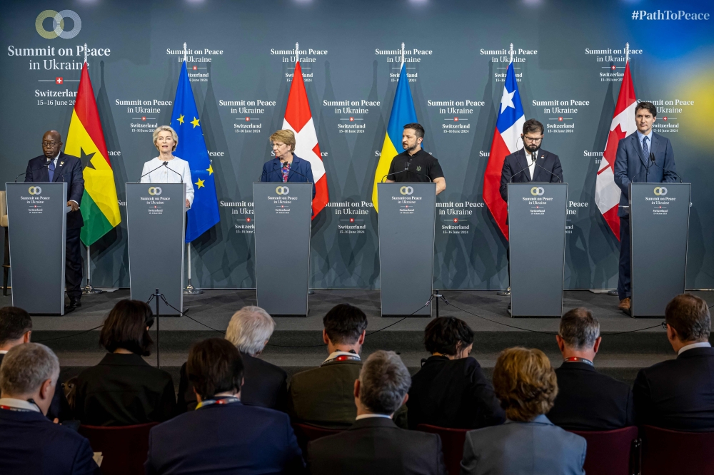 Top officials address the closing press conference of the Summit on peace in Ukraine, at the Burgenstock resort. — AFP