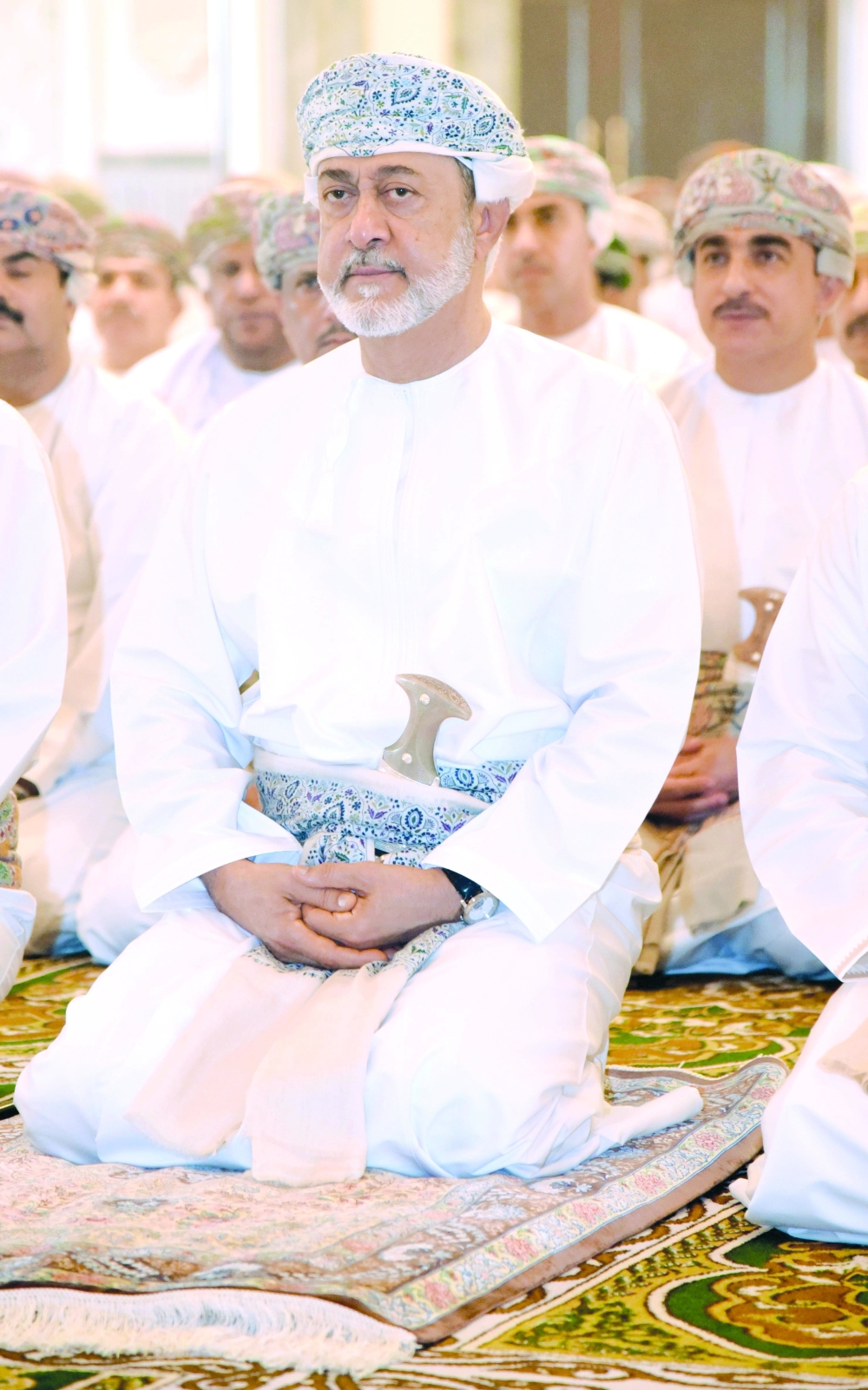 His Majesty Sultan Haitham bin Tarik performs the prayers of Eid Al Adha Al Murtafaa Garrison Mosque in Muscat Governorate on Monday.