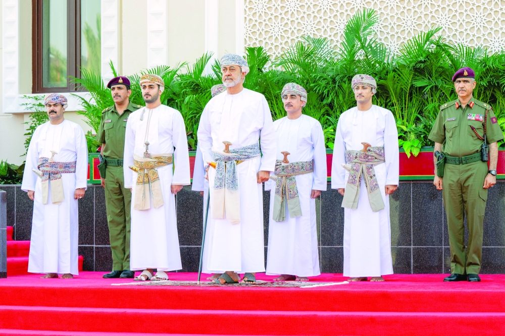 His Majesty Sultan Haitham bin Tarik after the prayers of Eid Al Adha Al Murtafaa Garrison Mosque in Muscat Governorate on Monday.
