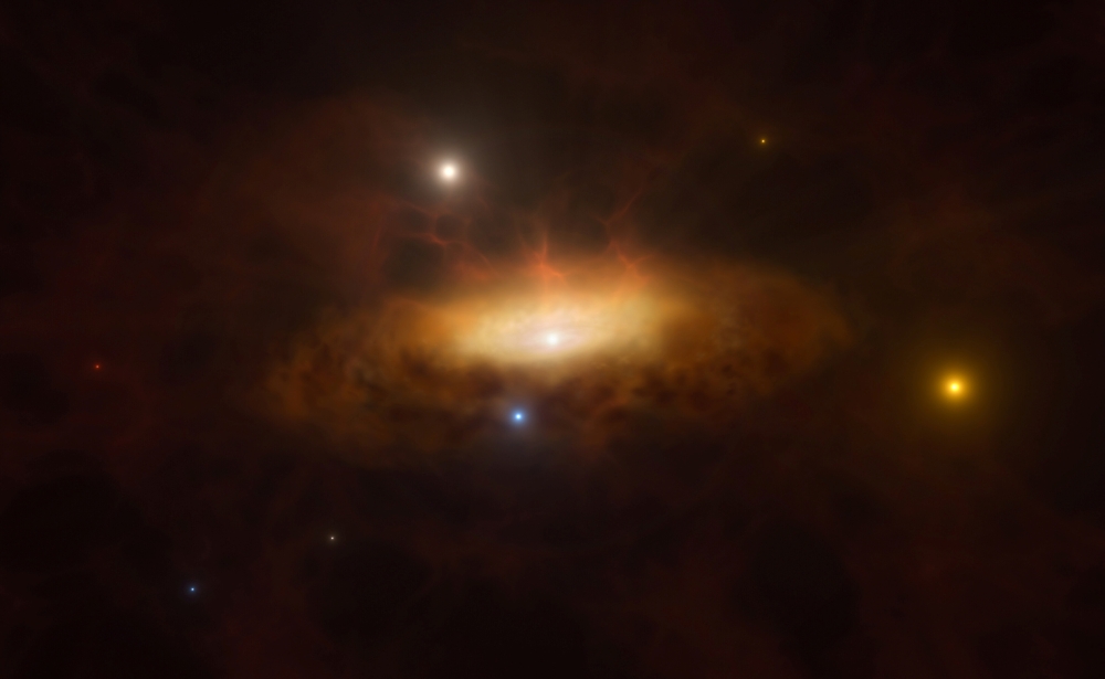 An undated artist's impression shows the growing disc of material being pulled in by the black hole as it feeds on the gas available in its surroundings, making the galaxy SDSS1335 0728 light up. - Reuters