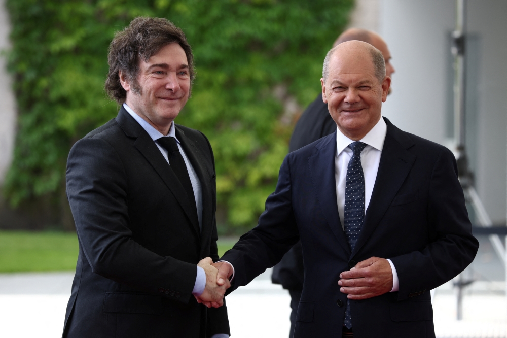German Chancellor Olaf Scholz receives Argentine President Javier Milei at the Chancellery in Berlin, Germany. — Reuters 