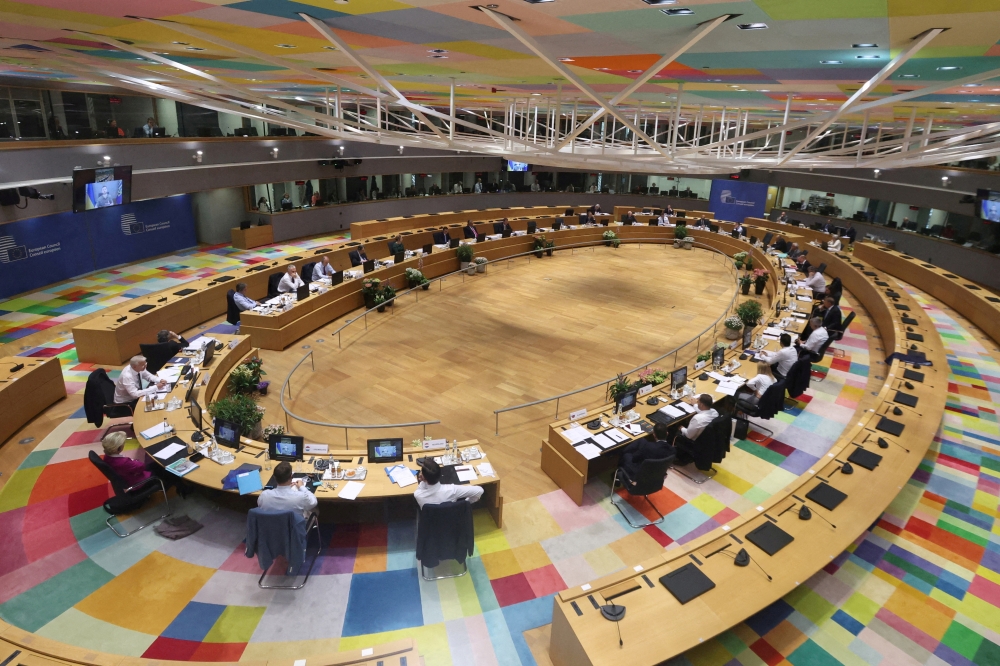 FILE PHOTO: Ukrainian President Zelenskiy speaks during a special meeting of the European Council at The European Council Building in Brussels