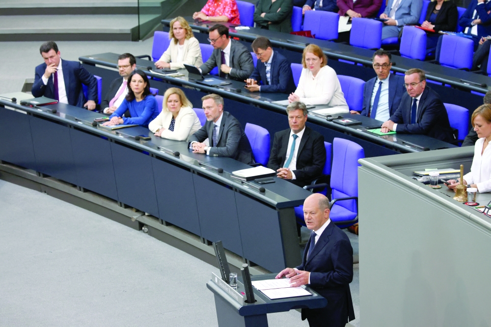 German Chancellor Olaf Scholz delivers a government declaration in parliament in Berlin. — Reuters 