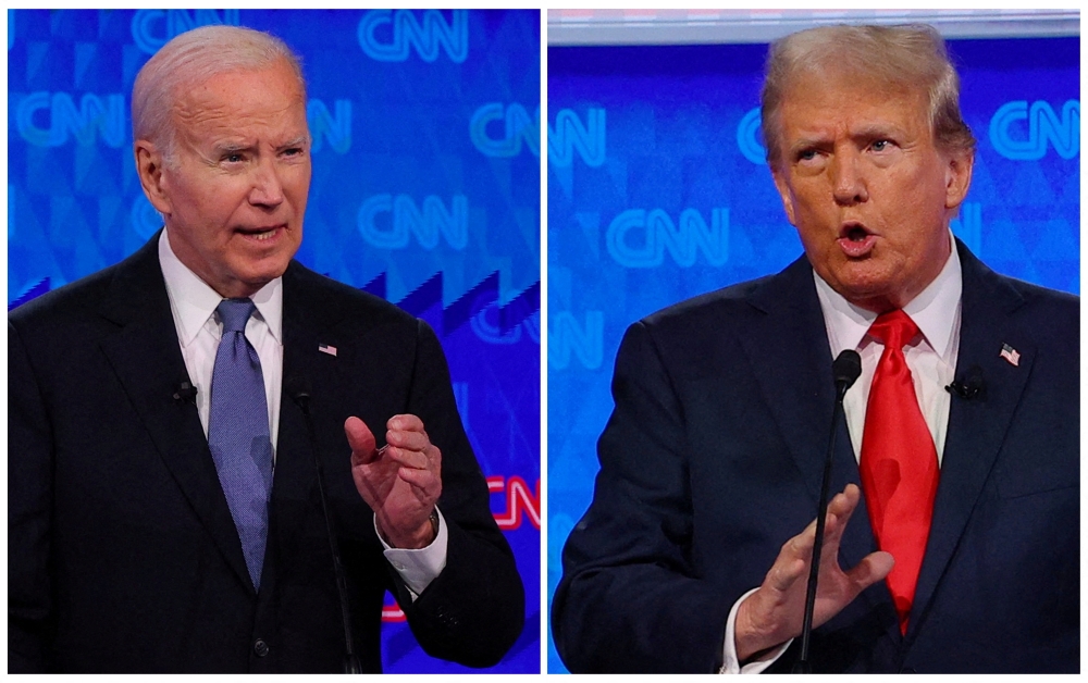 Democratic Party presidential candidate US President Joe Biden and Republican presidential candidate former US President Donald Trump speak during a presidential debate in Atlanta 