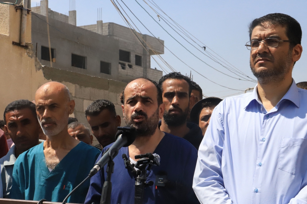 Al-Shifa hospital director Mohammed Abu Salmiya, makes a statement after his release, at Nasser hopsital. — AFP