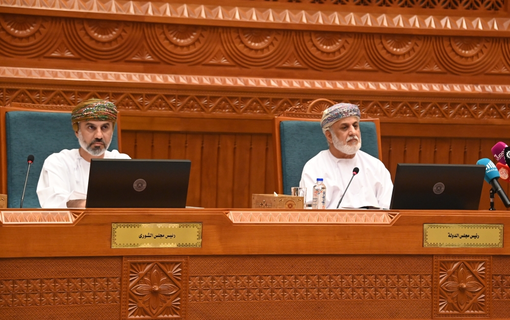  Shaikh Abdulmalik Abdullah Al Khalili, Chairman of the State Council, and Khalid bin Hilal al Ma'awali, chairman of Majlis Ash'shura, at  the joint session on Monday