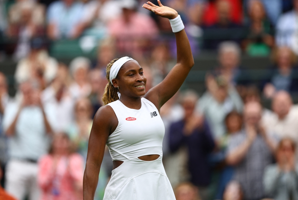 Tennis - Wimbledon - All England Lawn Tennis and Croquet Club, London, Britain - July 3, 2024 Coco Gauff of the U.S. celebrates winning her second round match against Romania's Anca Todoni REUTERS/Matthew Childs