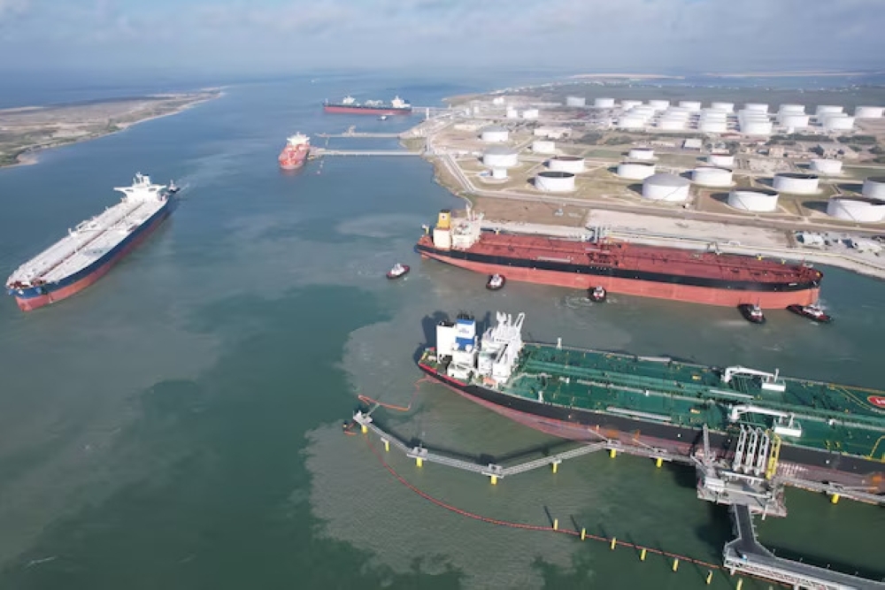 Very Large Crude Carriers (VLCCs) line up at the Port of Corpus Christi, where they are being loaded with crude oil for shipping worldwide. — Reuters