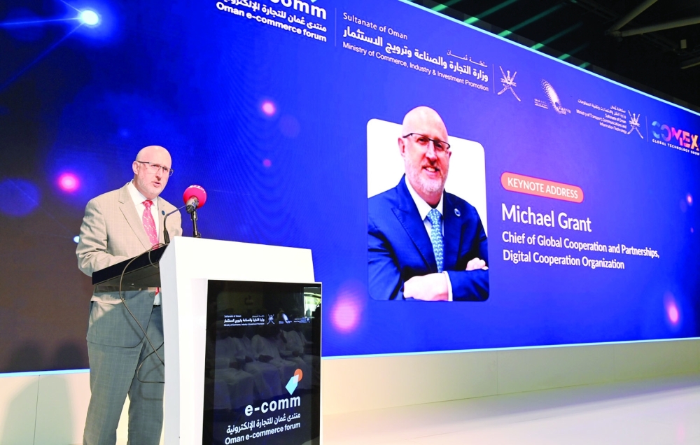 Michael Grant, Chief of Global Cooperation and Partnerships of the Digital Cooperation Organization (DCO), speaking at the E-commerce Forum held in Muscat.