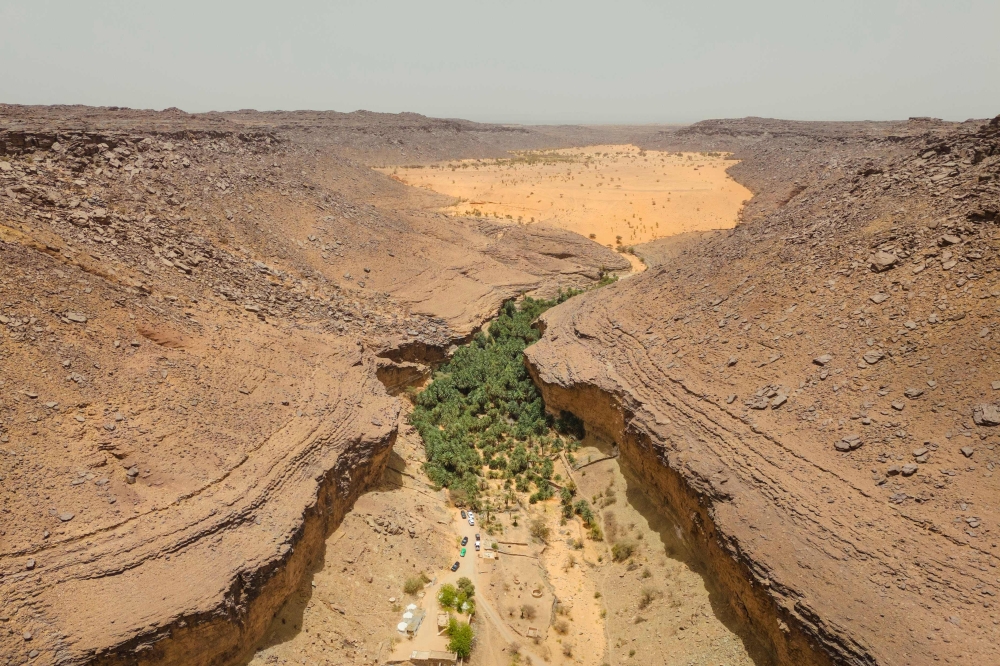 An aerial view of the oasis of Terjit, in the Adrar region of Mauritania, on June 20, 2024

