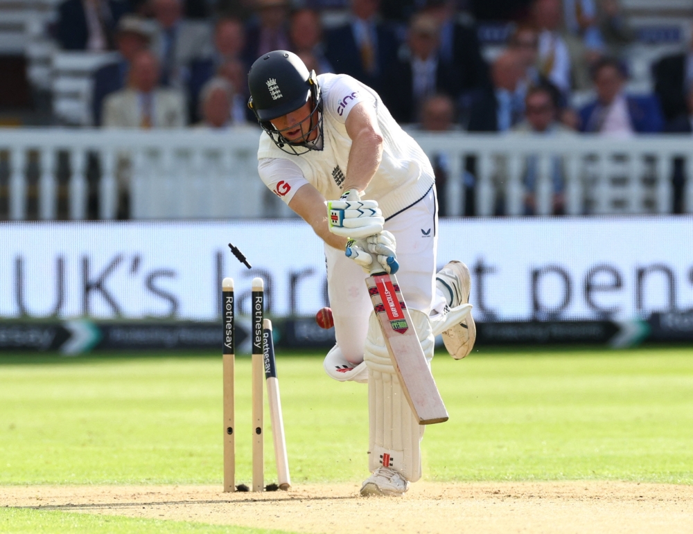 England's Zak Crawley is bowled out by West Indies' Jayden Seales. — Reuters
