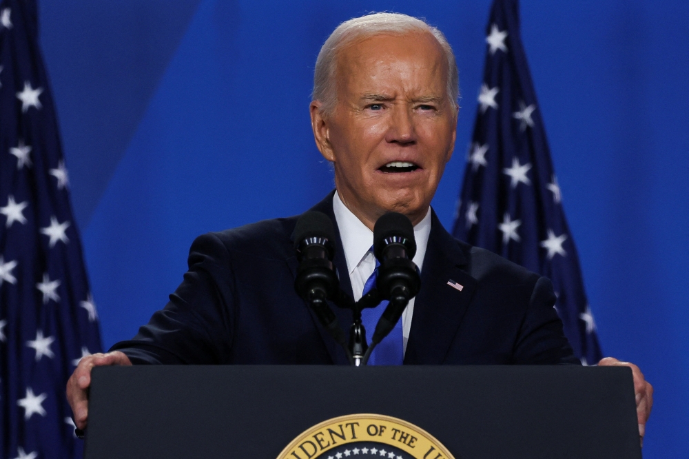 US President Joe Biden attends a press conference during Nato's 75th anniversary summit,