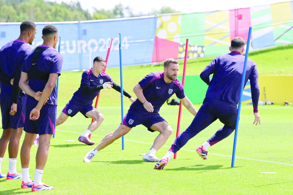 Phil Foden and  Luke Shaw attend an MD-1 training session at the team's base camp in Blankenhain. — AFP